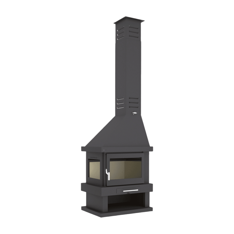 Cheminée à bois de coin gauche en acier avec bûcher inférieur - Calorana Cheminée à bois de coin gauche en acier avec bûcher inférieur - Calorana